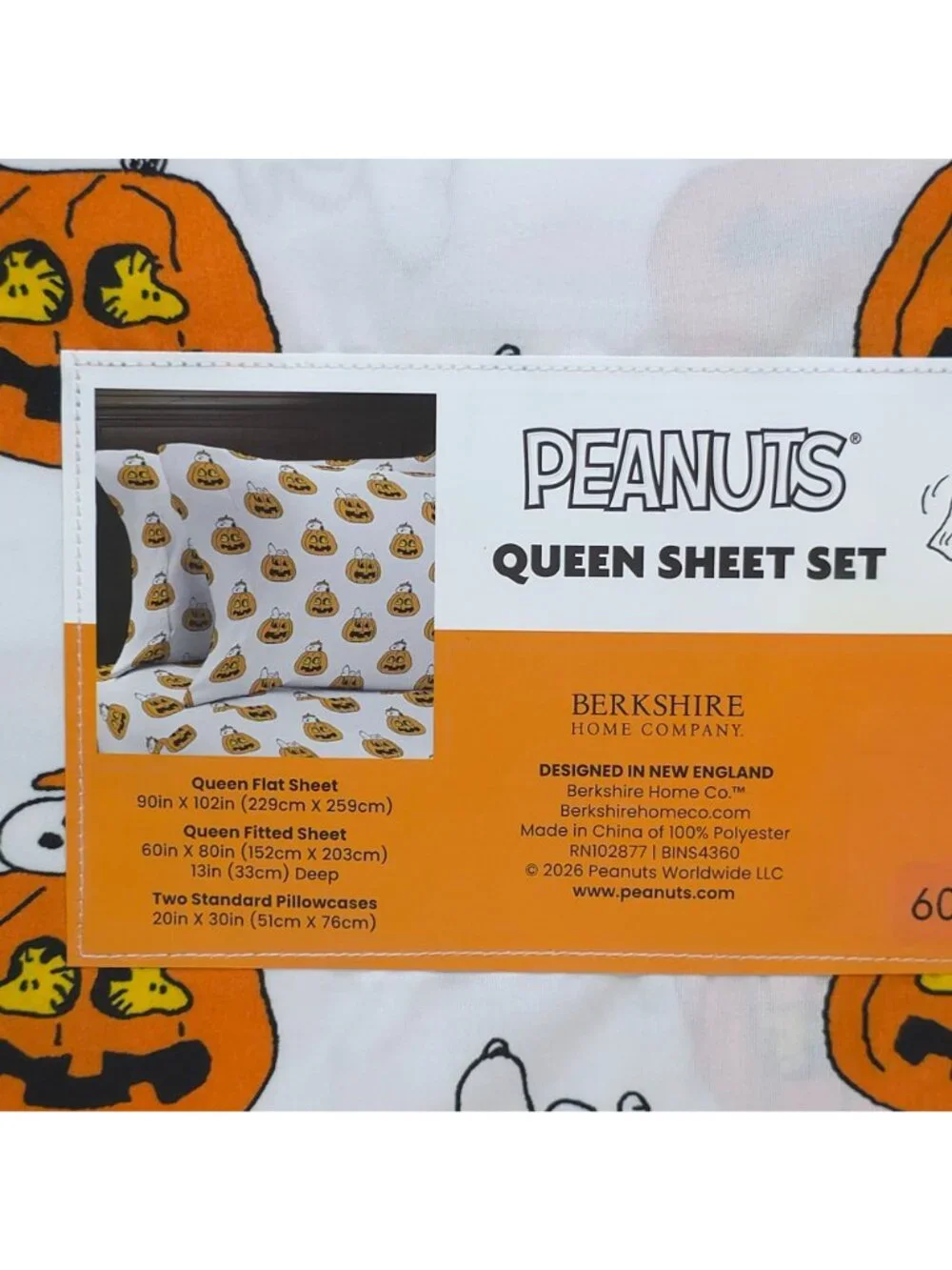 Peanuts Halloween Queen Sheet Set By Berkshire Snoopy & Woodstock On Pumpkins